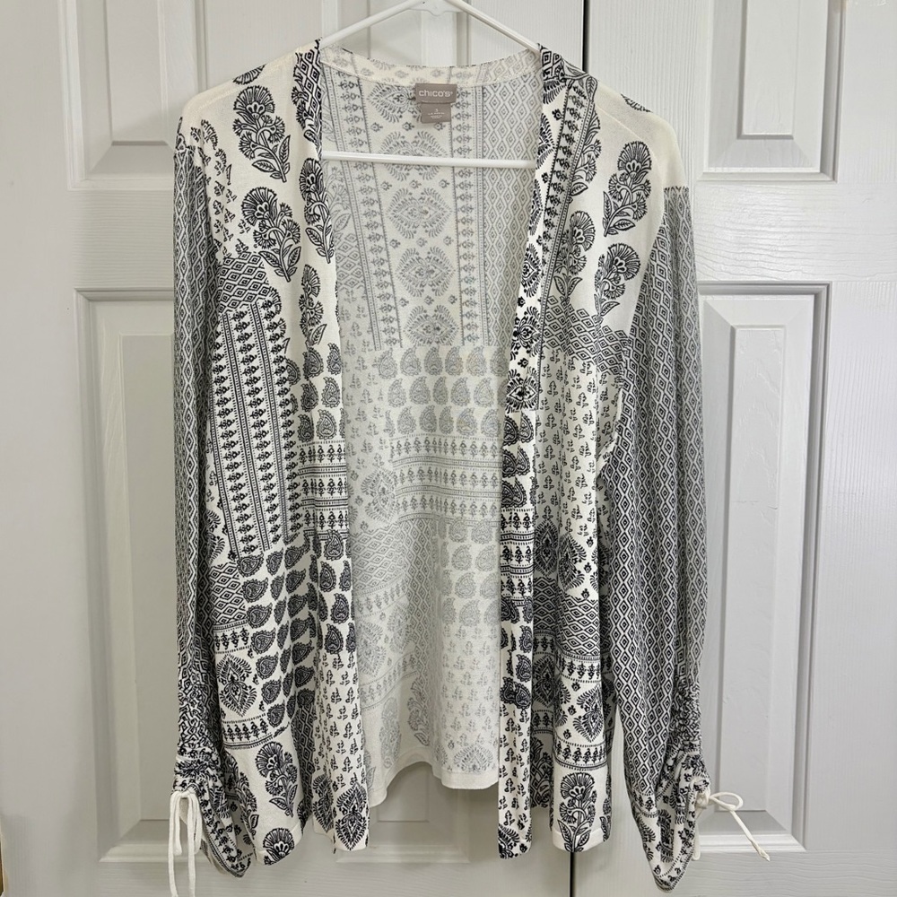 Chico's Black & White Patterned Cotton Blend Open Front Lightweight Cardigan XL